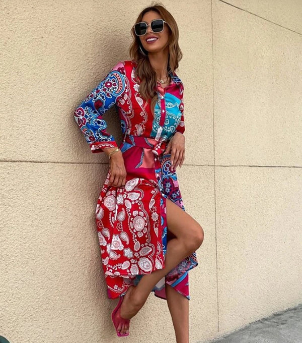 Skjortklänning - mönstrad klänning med bälte för kvinnor