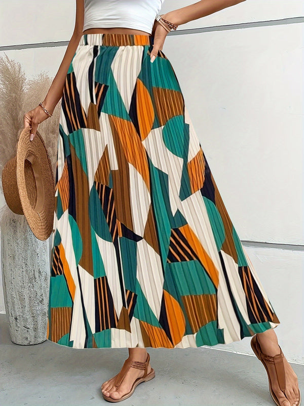 Kvinnors plisserad maxi kjol - geometrisk mönster för vardags- och kvällslook