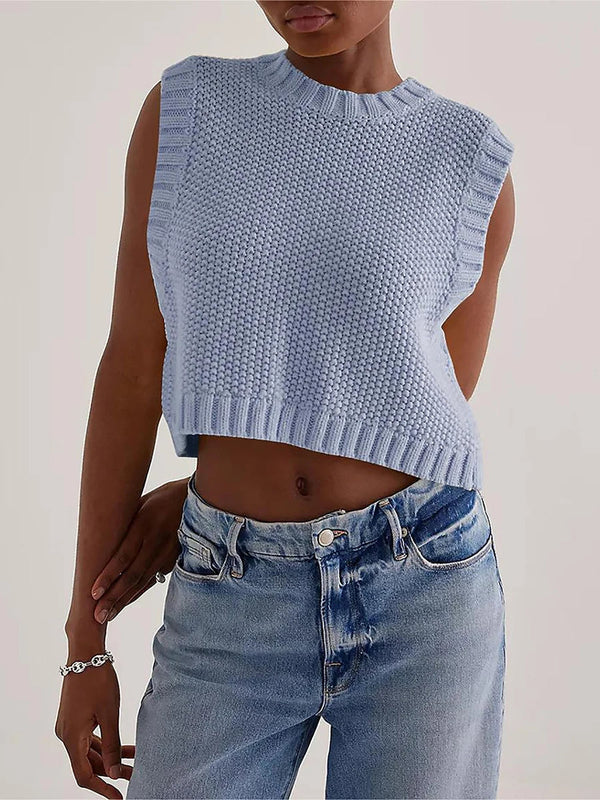 Kvinnors ärmlös stickad crop top med öppen ryggdesign - avslappnad sommarstil för lediga tillfällen