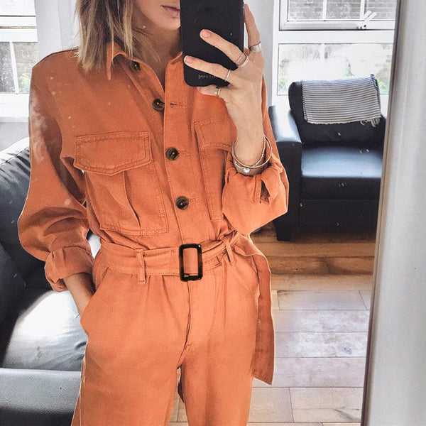 Kvinnors stiliga overall - orange utility jumpsuit med lång ärm och midjebälte