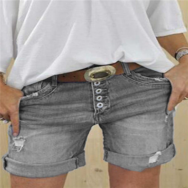 Kvinnors slitna denimshorts - trendiga högmidjade shorts för damer