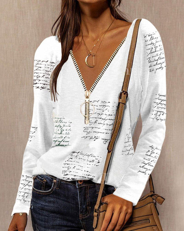 Dams v-ringad blus med dragkedjedetalj - avslappnad långärmad topp