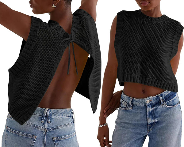 Kvinnors ärmlös stickad crop top med öppen ryggdesign - avslappnad sommarstil för lediga tillfällen