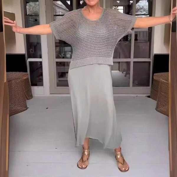 2-delat set för kvinnor - stilfullt stickad topp och svängig kjol för vardagsbruk
