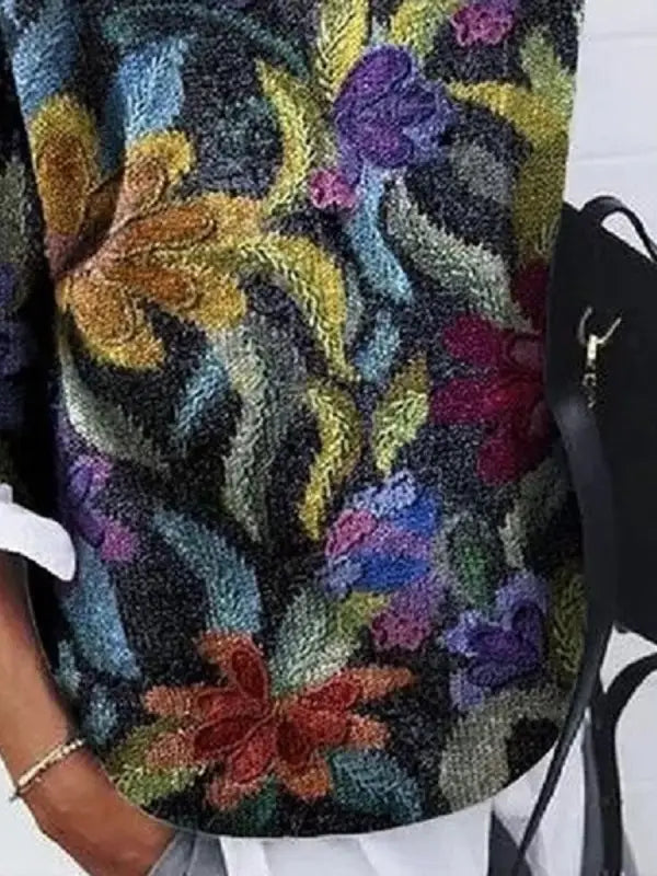 Blommönstrad stickad tröja - texturerad damtröja