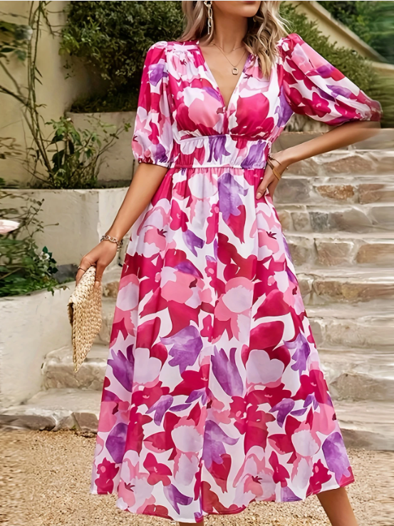 Maxiklänning - elegant lång rosa klänning för kvinnor