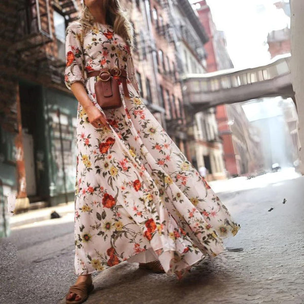 Kvinnors maxiklänning med elegant blommönster och bälte - för festliga tillfällen