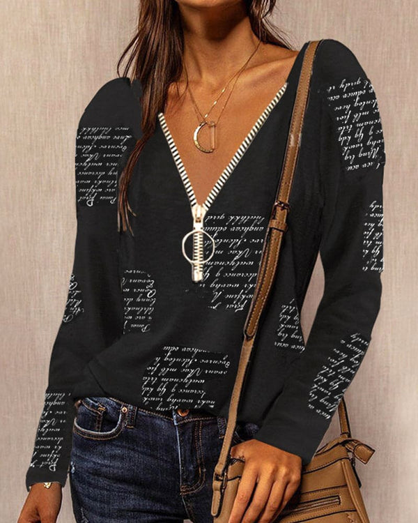 Dams v-ringad blus med dragkedjedetalj - avslappnad långärmad topp