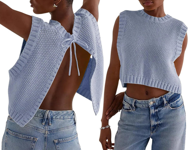 Kvinnors ärmlös stickad crop top med öppen ryggdesign - avslappnad sommarstil för lediga tillfällen
