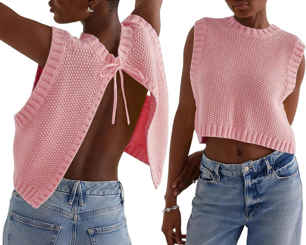 Kvinnors ärmlös stickad crop top med öppen ryggdesign - avslappnad sommarstil för lediga tillfällen