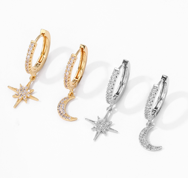 2-delade kvinnors hoopörhängen med stjärn- och månhängen – elegant design för vardagsbruk