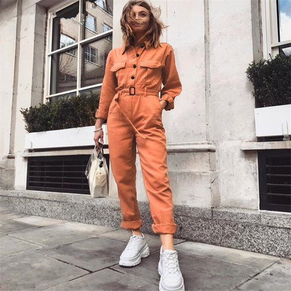 Kvinnors stiliga overall - orange utility jumpsuit med lång ärm och midjebälte