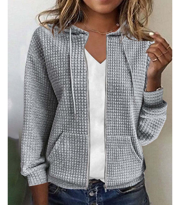 Texturerad zip-up hoodie - mysig och avslappnad jacka för kvinnor