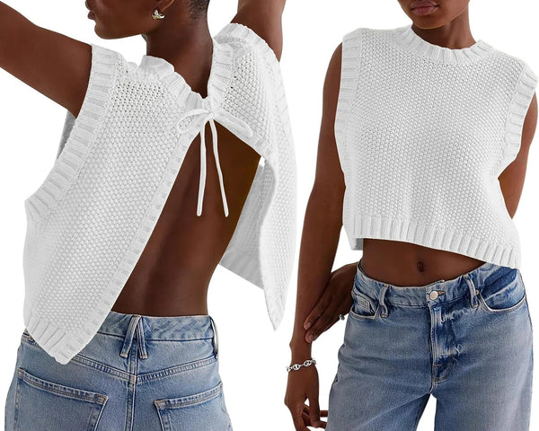 Kvinnors ärmlös stickad crop top med öppen ryggdesign - avslappnad sommarstil för lediga tillfällen