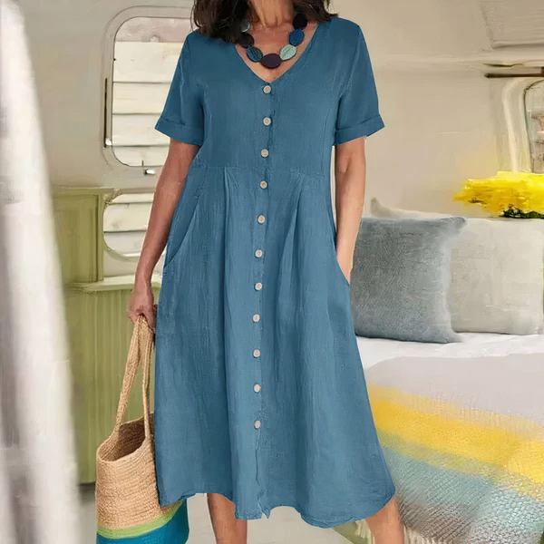 Kvinnors avslappnade skjortklänning med kort ärm - mångsidig sommaroutfit med fickor