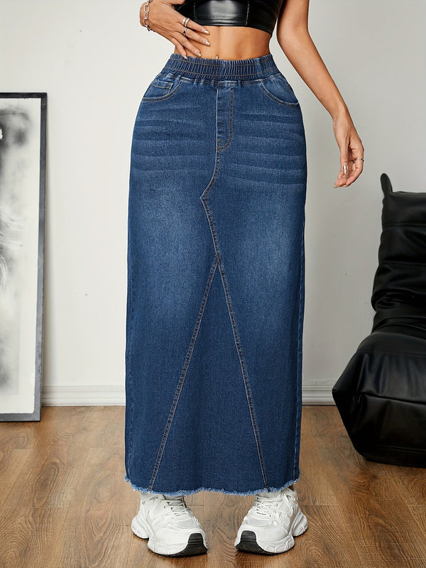 Kvinnors blå denim maxi kjol med avslappnad stil - lång längd med elastisk midja, för vardagsbruk