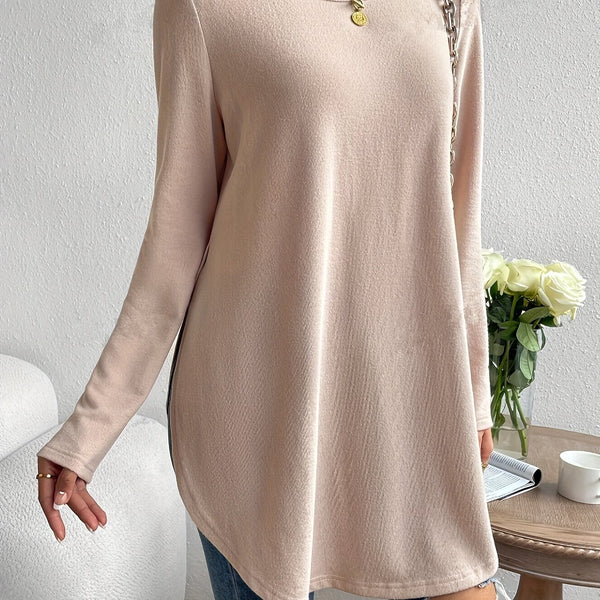 Ljusbeige långärmad topp - avslappnad damtröja med böjt fåll