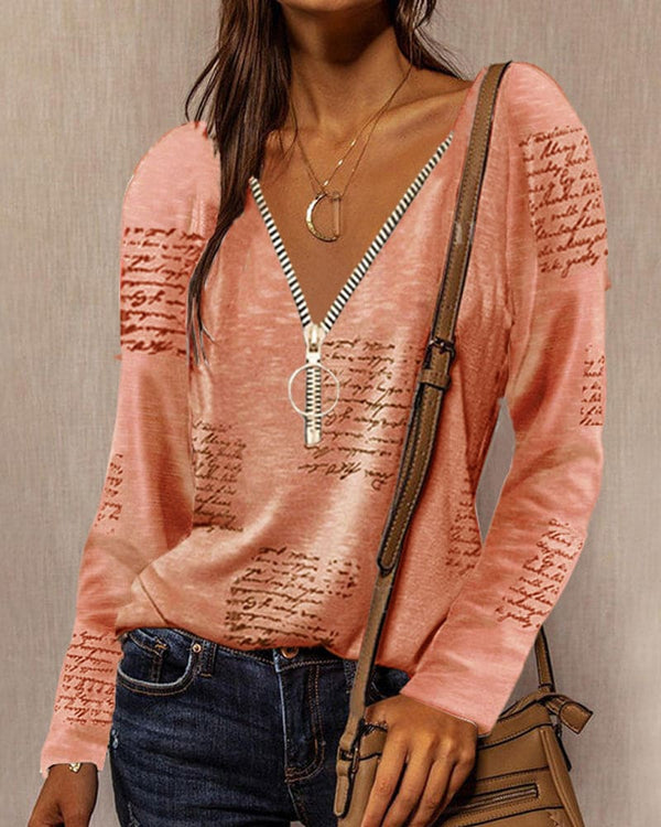 Dams v-ringad blus med dragkedjedetalj - avslappnad långärmad topp