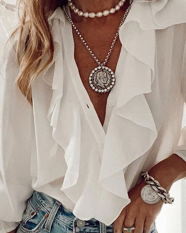 Kvinnors blommiga ruffle-blus - elegant långärmad topp för vardagsbruk