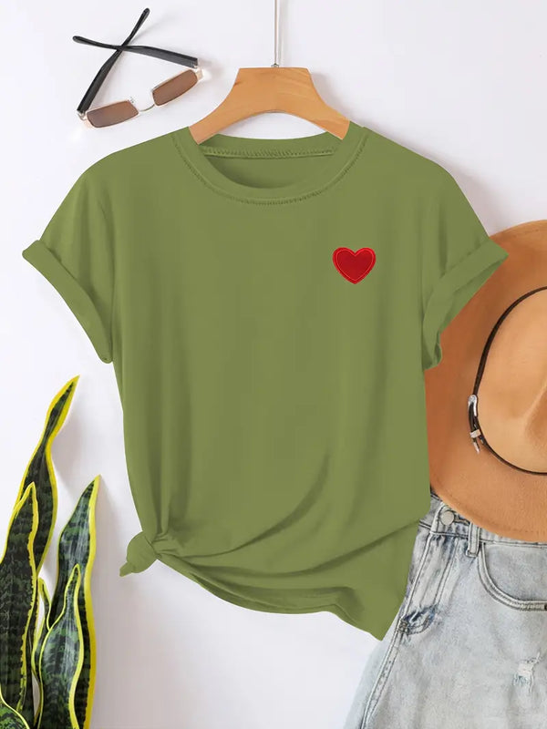 Damcasual t-shirt med hjärtmotiv - mjuk bomulls-t-shirt för vardagsbruk