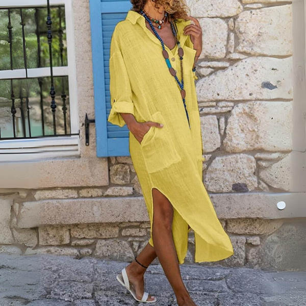 Skjortklänning - stilig linneklänning med fickor