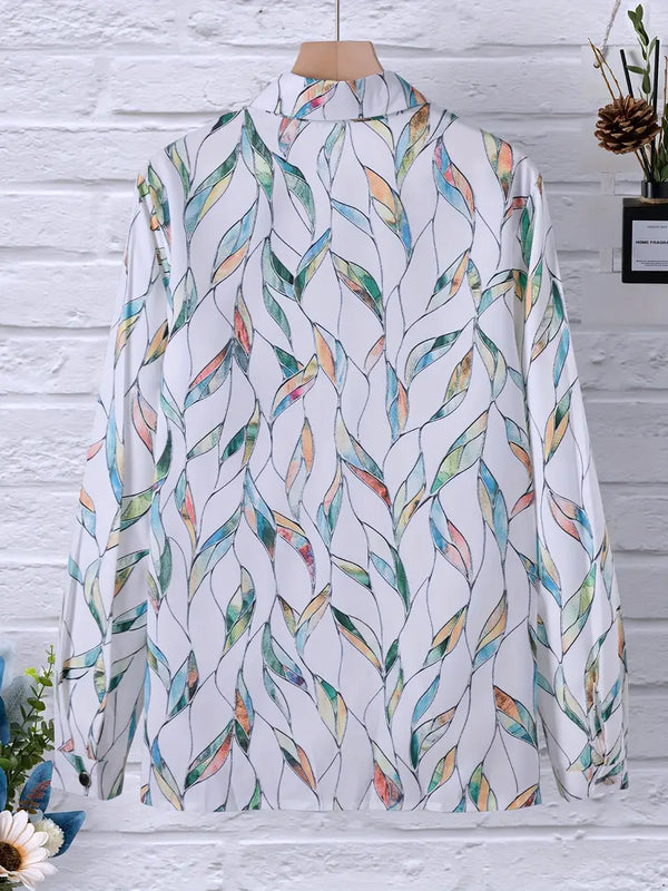 Kvinnors avslappnade blus lättviktig vit blommönstrad topp - elegant långärmad skjorta för dagligt bruk