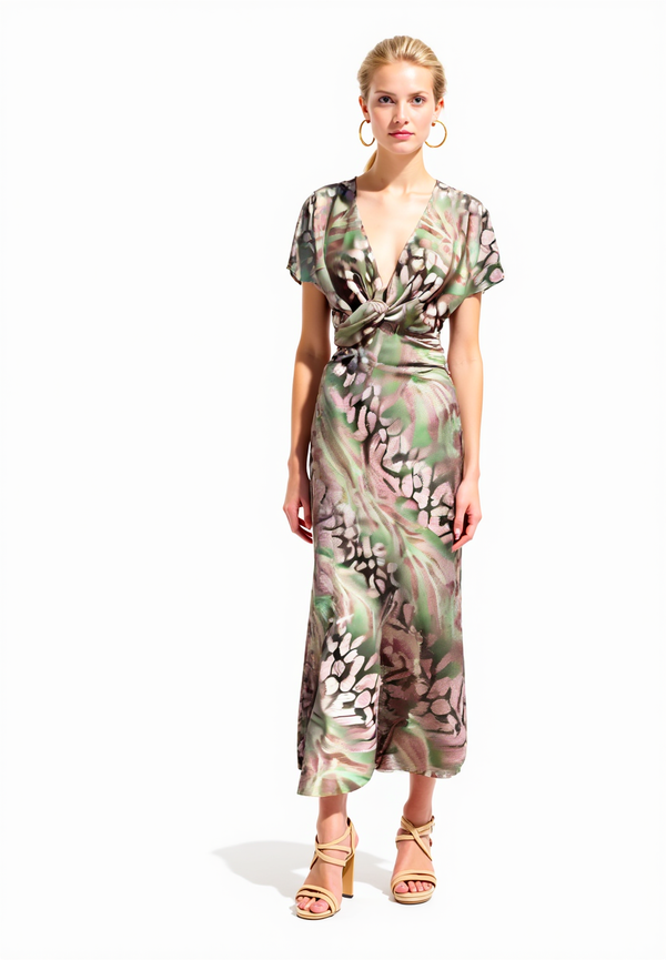 Maxiklänning - elegant grön klänning för damer med iögonfallande tryck