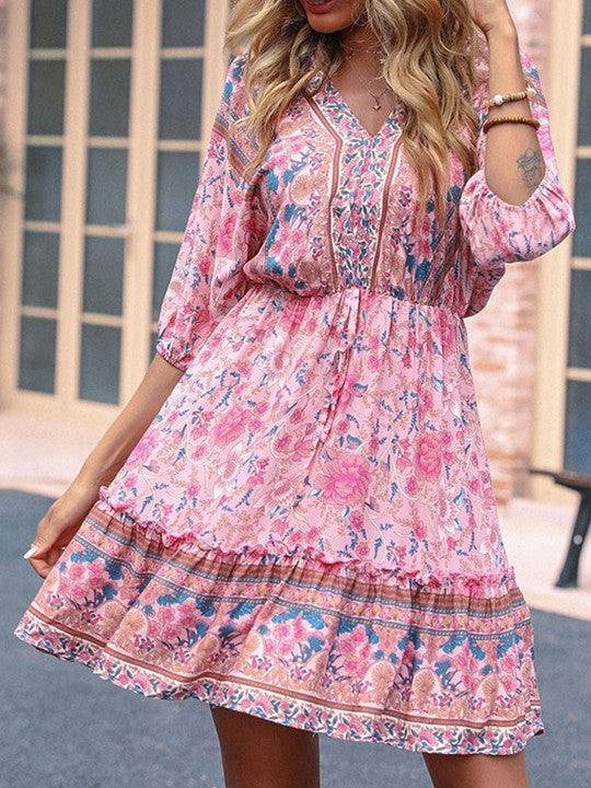 Boho-blommig klänning - elegant sommarklänning för damer