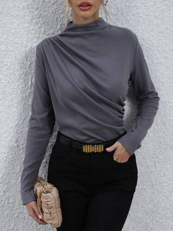 Chic grå draperad topp - avslappnad blus för kvinnor