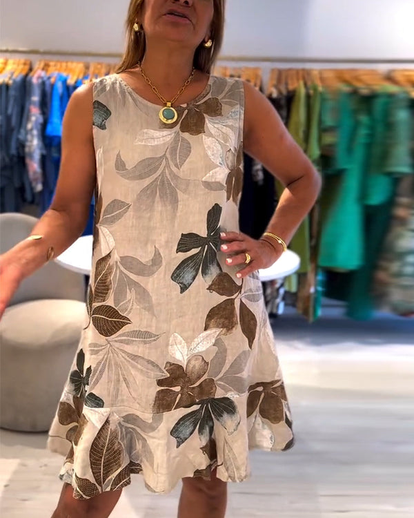 Ärm-lös klänning med rund halsringning och charmig lövtryck - khaki klänning för kvinnor