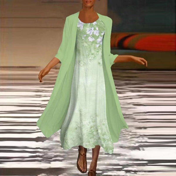 2-delad blommig klänning med lång jacka - elegant damklädsel