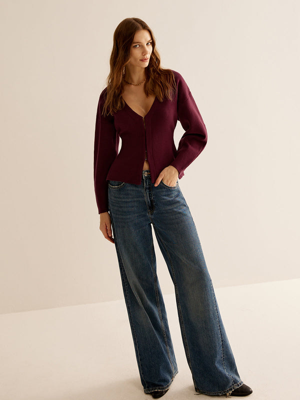 Damer v-ringad stickad cardigan - klassisk långärmad topp för kvinnor