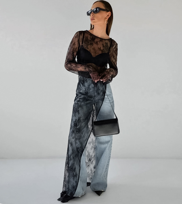 Damens genomskinliga spetsblus med elegant lagerdesign i svart - mångsidiga toppar för kvällsbruk och vardagsstil