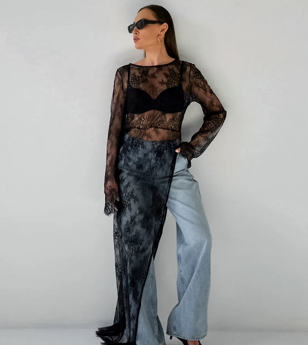 Damens genomskinliga spetsblus med elegant lagerdesign i svart - mångsidiga toppar för kvällsbruk och vardagsstil