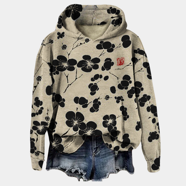 Hooded sweatshirt med blommönster - mysig topp för damer