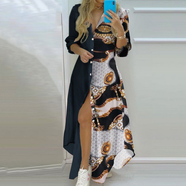 Kvinnors skjortklänning elegant blommig maxiklänning - långärmad knäppning för både avslappnade och formella tillfällen