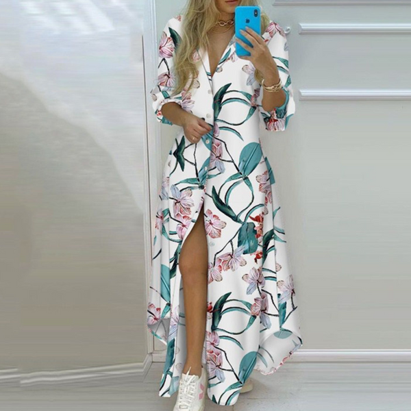 Kvinnors skjortklänning elegant blommig maxiklänning - långärmad knäppning för både avslappnade och formella tillfällen