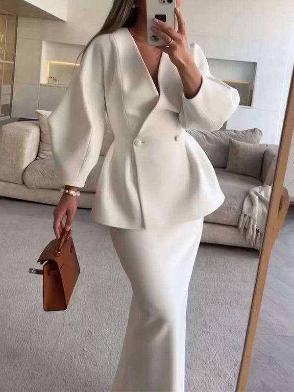 2-delad skräddarsydd ensemble - snygg dam v-ringad kavaj och kjolset
