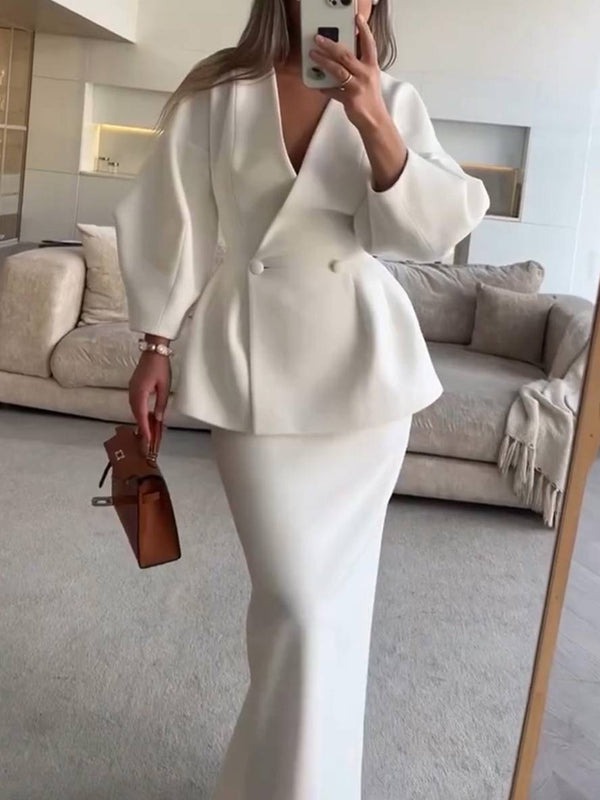 2-delad skräddarsydd ensemble - snygg dam v-ringad kavaj och kjolset
