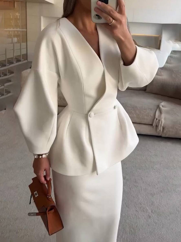 2-delad skräddarsydd ensemble - snygg dam v-ringad kavaj och kjolset