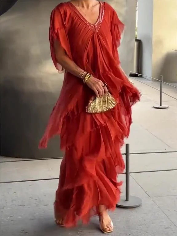 Kvinnors bohemiska lager maxiklänning - elegant kvällsplagg för sommarevenemang