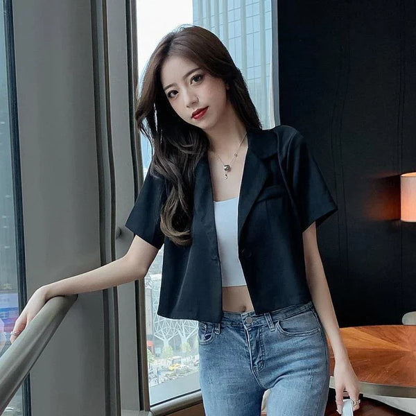 Kvinnors kort blazer - skräddarsydd kontorsjacka i lätt polyester och linne - smart casual stil