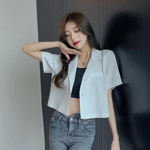 Kvinnors kort blazer - skräddarsydd kontorsjacka i lätt polyester och linne - smart casual stil