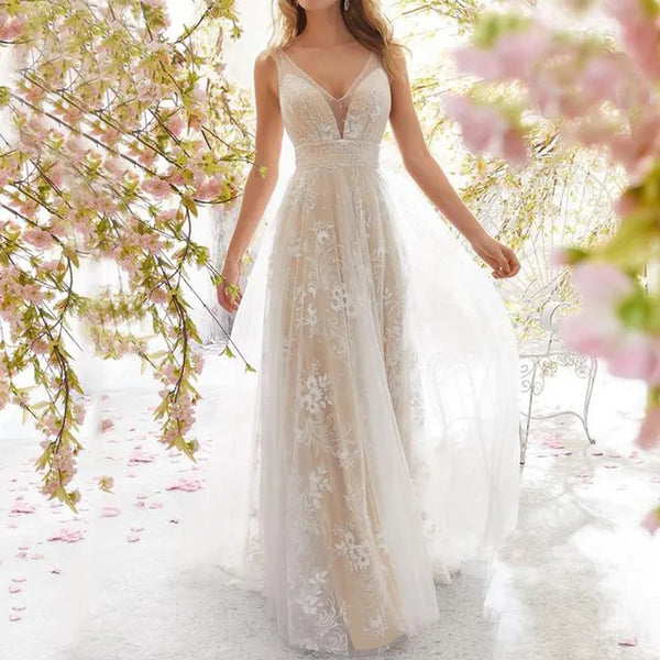 Kvinnors trendiga mesh maxi-klänning med v-ringning - elegant aftonklänning för speciella tillfällen