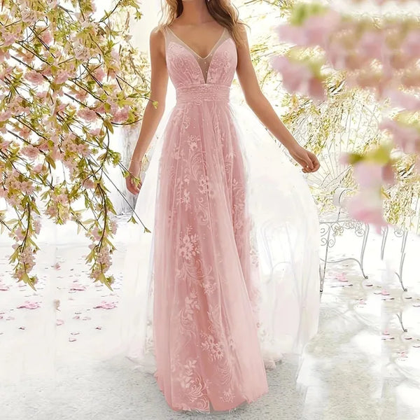 Kvinnors trendiga mesh maxi-klänning med v-ringning - elegant aftonklänning för speciella tillfällen