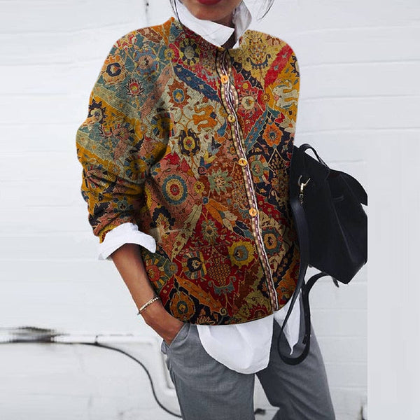 Vintage mönstrad jacka - elegant flerfärgad knäppjacka för damer