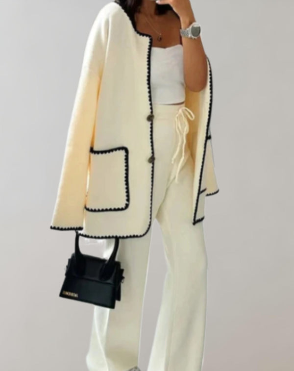 Kvinnors lång cardigan med kontrastdetaljer - stilsäker lättviktsplagg för vardag och kontoret