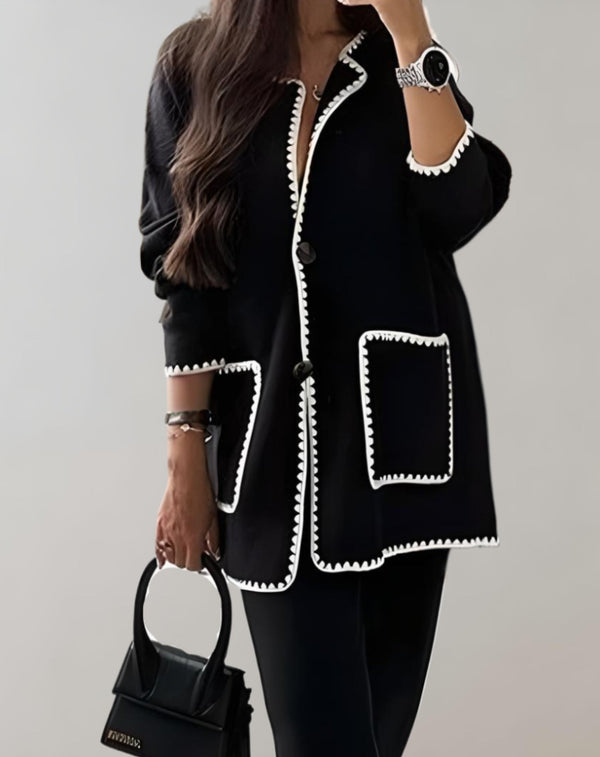 Kvinnors lång cardigan med kontrastdetaljer - stilsäker lättviktsplagg för vardag och kontoret
