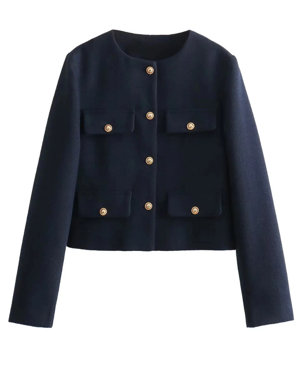 Tjejers skräddarsydda cropped jacka med guldknappar - trendig kontor- och kvällsoutfit