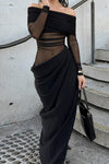 Off-shoulder mesh draperad klänning - sofistikerad kvällsoutfit för damer